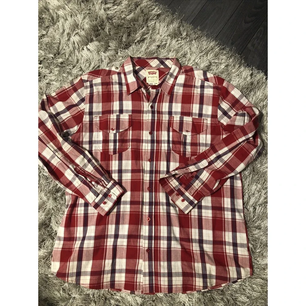 Levis Mens Red Plaid  Casual Button Up‎ Shirt Size XXL